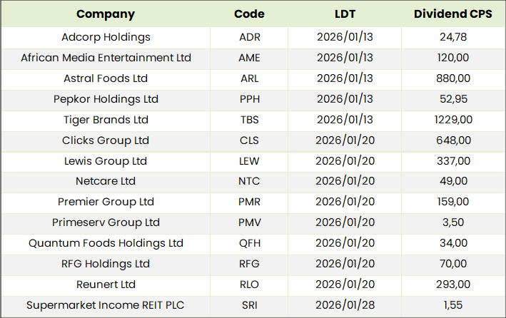 SA Dividends Table